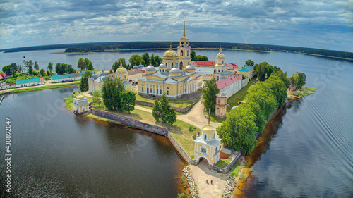 Stolobny Island is an island on Lake Seliger in the Tver Oblast of Russia. Nilov Monastery or Nilo-Stolobenskaya Pustyn. Aerial view photo