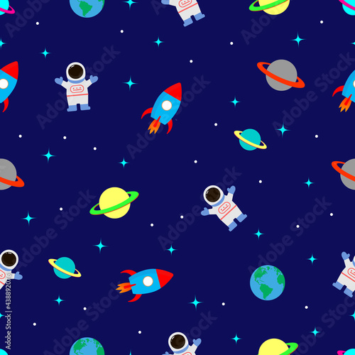 flat space seamless pattern background. Cute colored template with astronaut  spaceship  rocket  vector illustration
