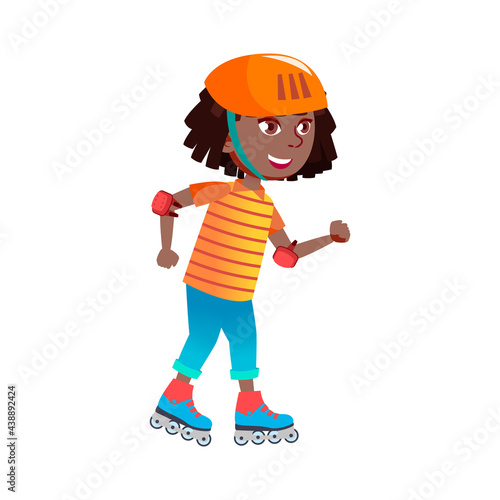 happy girl kid wearing protection accessories riding roller skates cartoon vector. happy girl kid wearing protection accessories riding roller skates character. isolated flat cartoon illustration