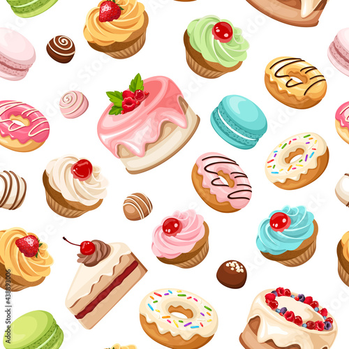 Vector seamless pattern with various colorful cakes, cupcakes, macaroons, donuts, candies and other sweets on a white background. 