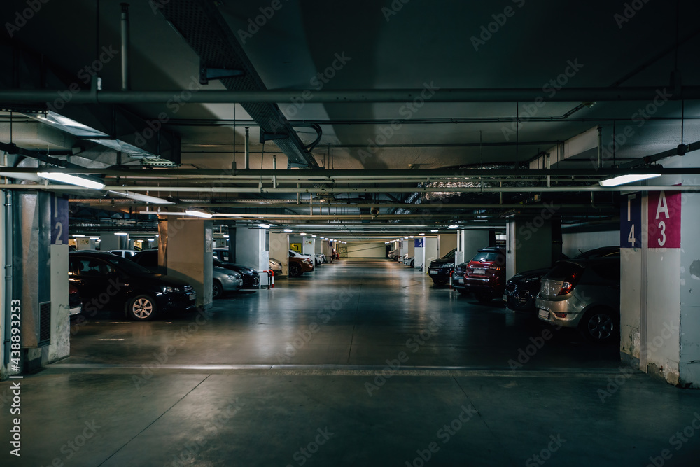 Inside underground car parking. Modern parking lots