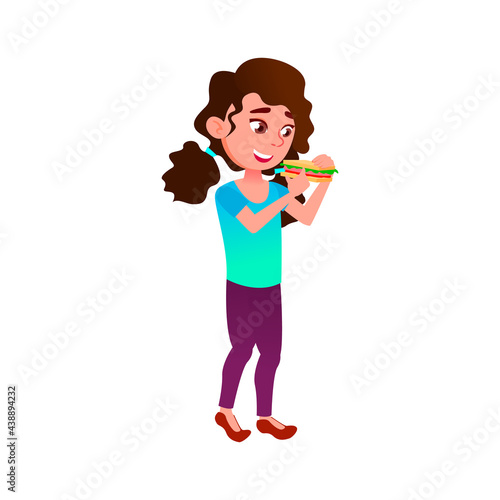 happy girl teenager eating sandwich on street cartoon vector. happy girl teenager eating sandwich on street character. isolated flat cartoon illustration