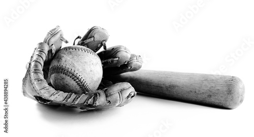 Photography Baseball in ball glove with wooden bat isolated on white background for vintage sports equipment nostalgia of game