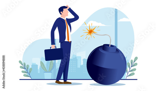 Business mistake - Businessman scratching head in front of big bomb. Person being a fool and ignorant. Corporate vector illustration with white background.