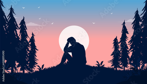 Struggle with depression - Man sitting alone contemplating and overthinking late at night outdoors. Mental health and sadness concept. Vector illustration.