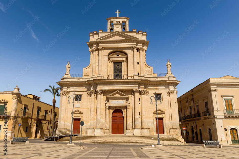 Main Facade of Mother Church of Saint Joseph (Chiesa Madre San Giuseppe) in Rosolini, Province of Syracuse, Sicily, Italy.