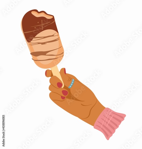 Vector flat cartoon illustration of hand holding ice cream. Vanilla, Chocolate Ice lolly.