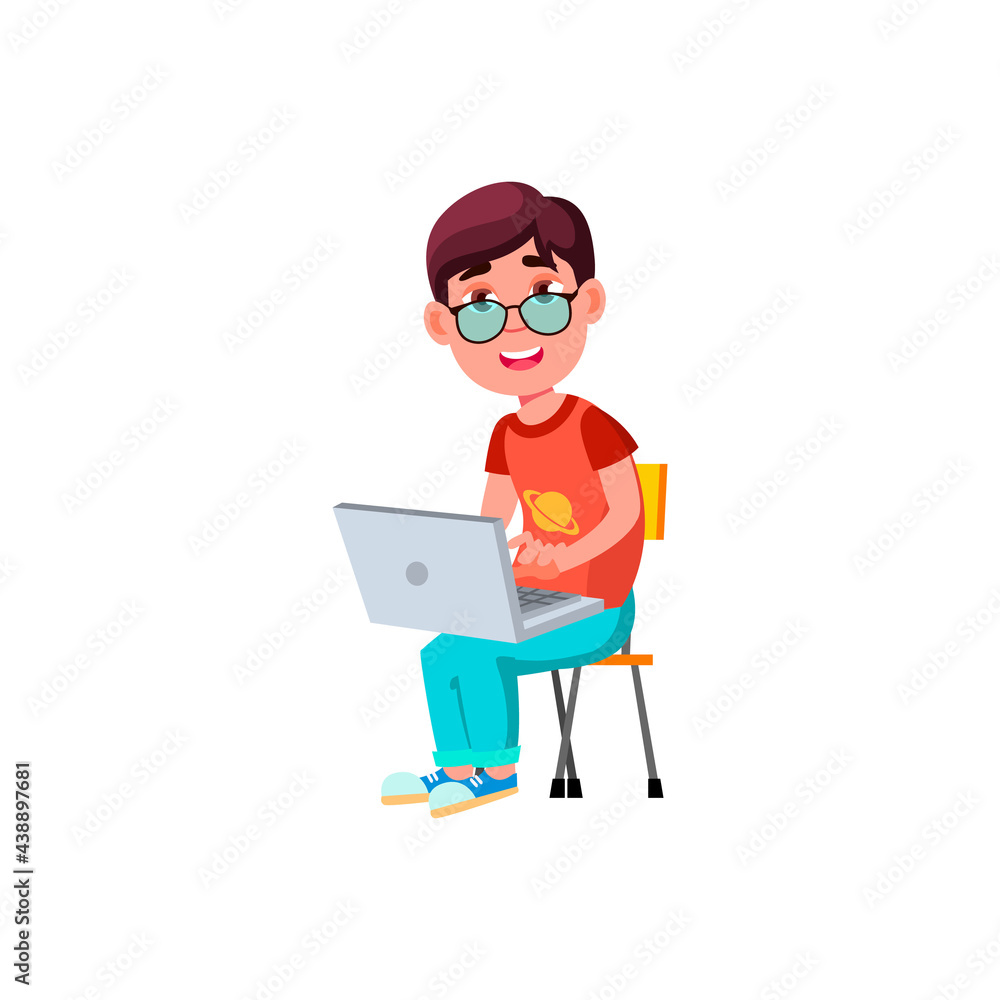 genius boy kid programming code on laptop cartoon vector. genius boy kid  programming code on laptop character. isolated flat cartoon illustration  Stock Vector | Adobe Stock