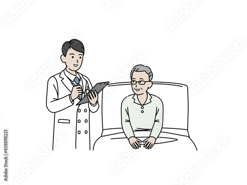 入院する年配の男性と医者　シニア　高齢者　患者　説明　イラスト素材