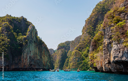 Scenic seascape of Pileh Lagoon with Turquoise Andaman Sea in Summer, Phi Phi Don Islands, Krabi, Thailand