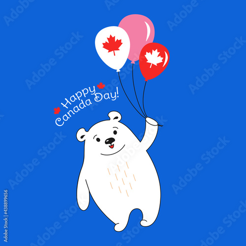 Happy Canada Day card cartoon polar bear flying air balloon. Greeting postal postcard. National celebration Canadian flag, hand drawn patriot cute bear. Funny character. Isolated vector illustration
