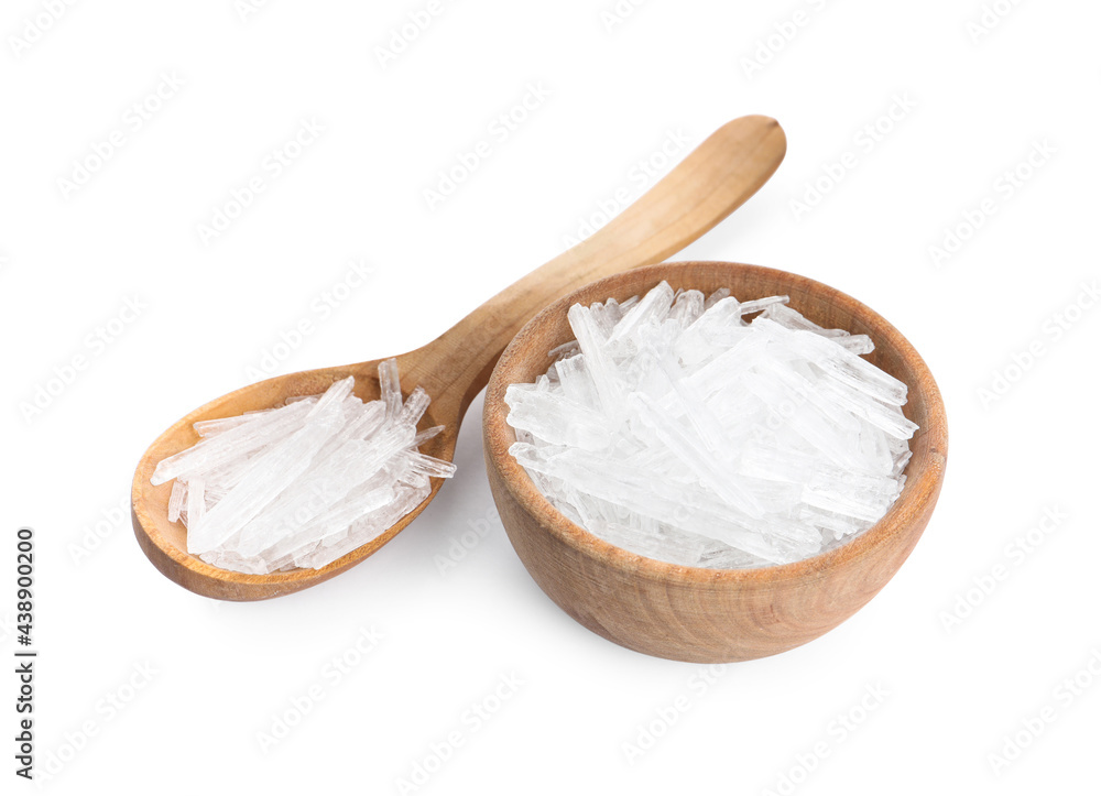 Menthol crystals in spoon and bowl on white background Menthol crystals in spoon and bowl on white background