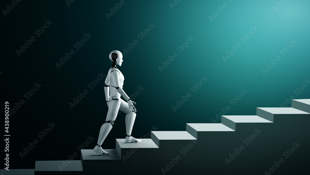 3D rendering robot humanoid walk up stair to success and goals ...