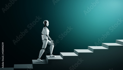 3D rendering robot humanoid walk up stair to success and goals achievement. Concept of AI thinking brain and machine learning process for the 4th fourth industrial revolution .