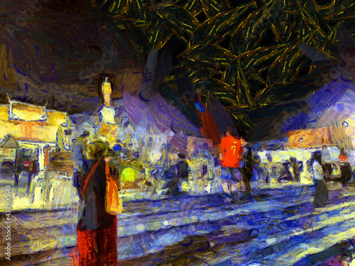 People are praying for blessings from monuments in Thailand Illustrations creates an impressionist style of painting. © Kittipong