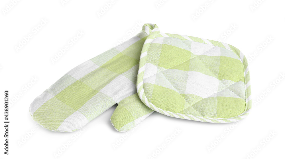 Naklejka premium Oven glove and potholder for hot dishes on white background