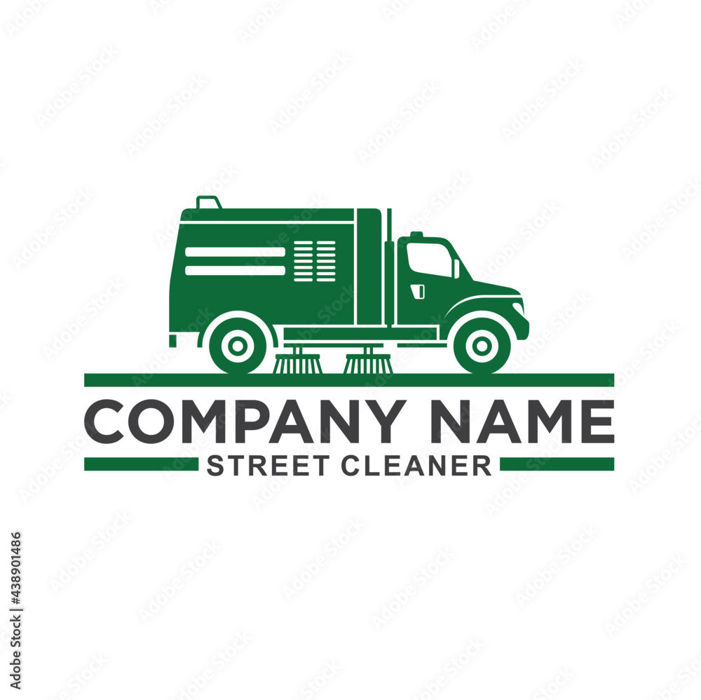 road cleaning vehicle illustration, logo template for street cleaner service.
