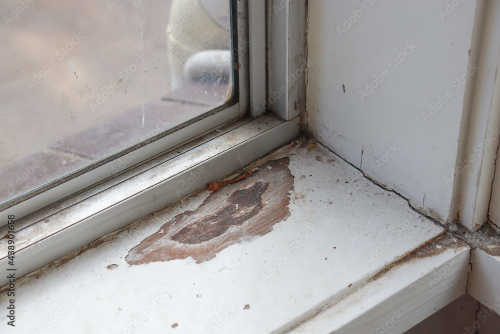 tinber window frame with peeling paint from water damage and cracks