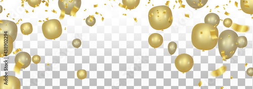 Vector party new balloons gold color illustration. Confetti and ribbons flag ribbons, Celebration background template