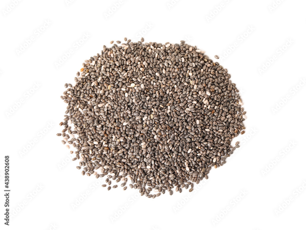 Pile of chia seeds on white background, top view. Vegetable planting Pile of chia seeds on white background, top view. Vegetable planting