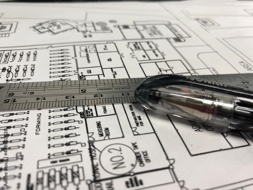 Selective focus of drawing, engineering, technical, ruler, plan Selective focus of drawing, engineering, technical, ruler, plan