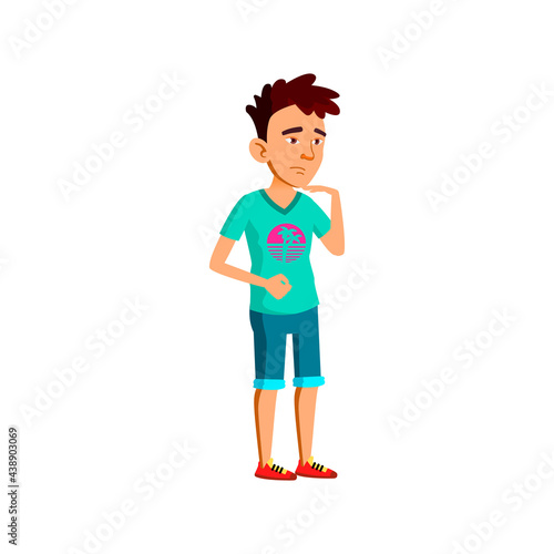 sad asian boy staying in line to doctor cartoon vector. sad asian boy staying in line to doctor character. isolated flat cartoon illustration