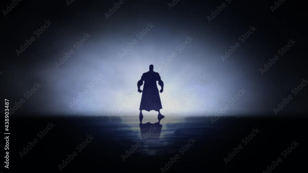 Super Hero Silhouette in Smoky Blue Atmosphere 4K Loop features the silhouette of a super hero with cape blowing slightly with smoke billowing by with a blue atmosphere in a loop Super Hero Silhouette in Smoky Blue Atmosphere 4K Loop features the silhouette of a super hero with cape blowing slightly with smoke billowing by with a blue atmosphere in a loop