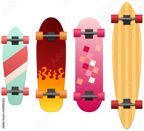 Vector illustration of four skateboards of various designs, including a cruiser and a longboard.