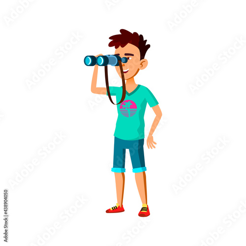 japanese boy looking on mountain through binoculars cartoon vector. japanese boy looking on mountain through binoculars character. isolated flat cartoon illustration