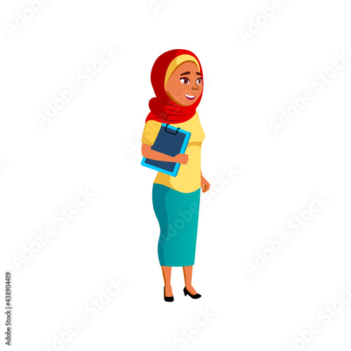islamic lady teacher talking with principal at school cartoon vector. islamic lady teacher talking with principal at school character. isolated flat cartoon illustration