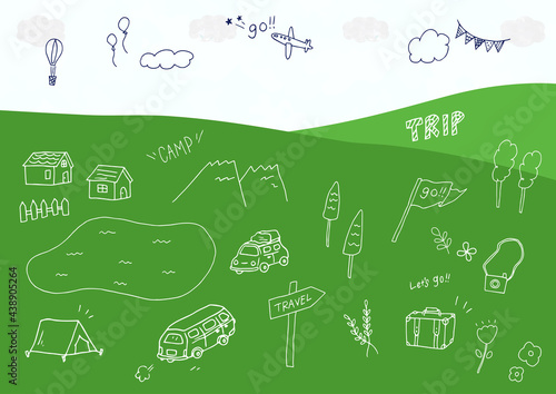 キャンプ場の風景と手がきのイラスト