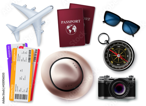 Travel elements vector set design. Travel and tour 3d object element isolated in white background for traveler items collection. Vector illustration.