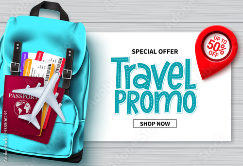 Travel sale vector banner design. Travel promo special offer text with traveler bags, passport and ticket elements for advertising and promotional background. Vector illustration 