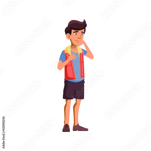 thoughtful asian young guy choosing computer in technics store cartoon vector. thoughtful asian young guy choosing computer in technics store character. isolated flat cartoon illustration