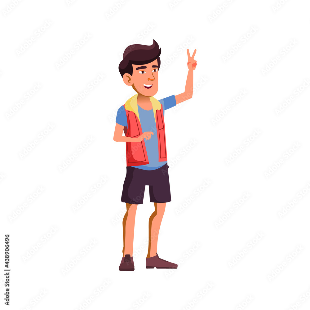japanese young boy gesturing peace to friend on town street cartoon vector. japanese young boy gesturing peace to friend on town street character. isolated flat cartoon illustration