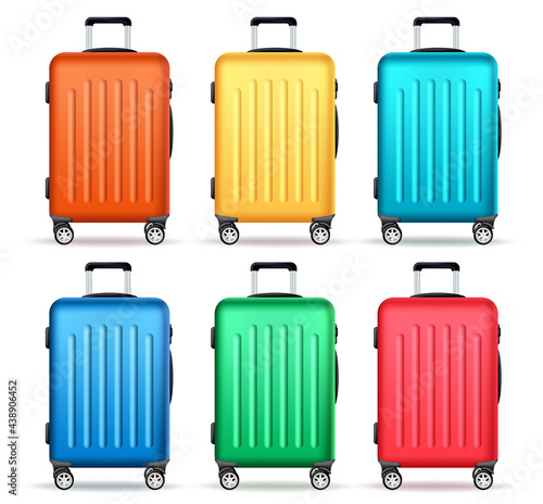 Travel luggage vector set design. Travel and tour with colorful trolley bag elements isolated in white background for traveler suitcase collection design. Vector illustration.