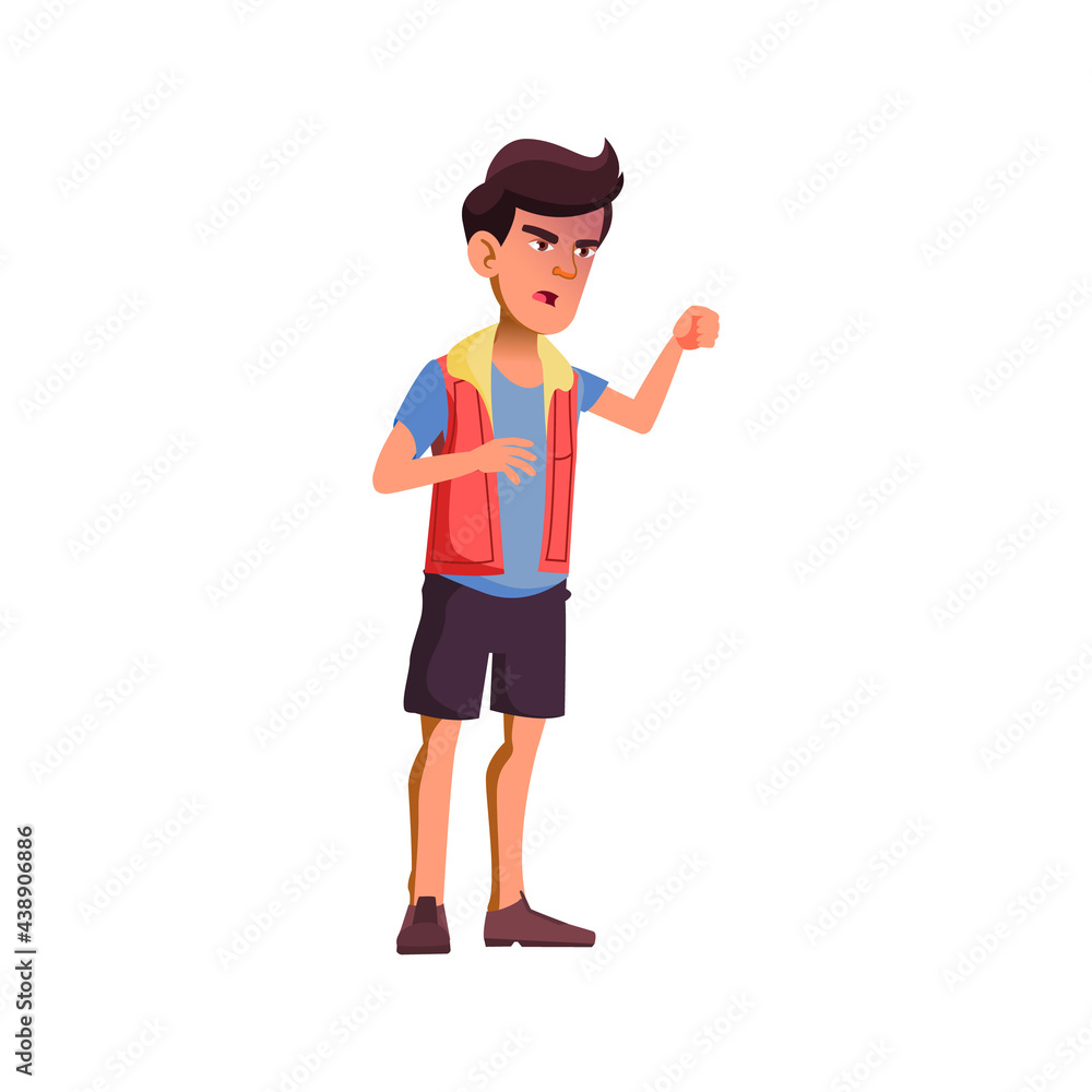 angry young boy kicking chewing-gum machine cartoon vector. angry young boy kicking chewing-gum machine character. isolated flat cartoon illustration