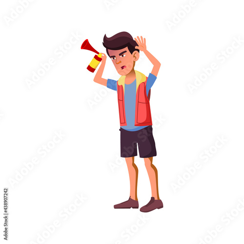 mad young man humming with fan hooter on stadium cartoon vector. mad young man humming with fan hooter on stadium character. isolated flat cartoon illustration