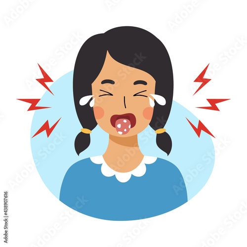 Girl with stomatitis on her tongue. Baby is crying because of  oral disease. Skin lesions with fungus and herpes.