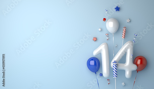 Happy Bastille Day decoration background with balloon 14 confetti copy space text, 3D rendering illustration