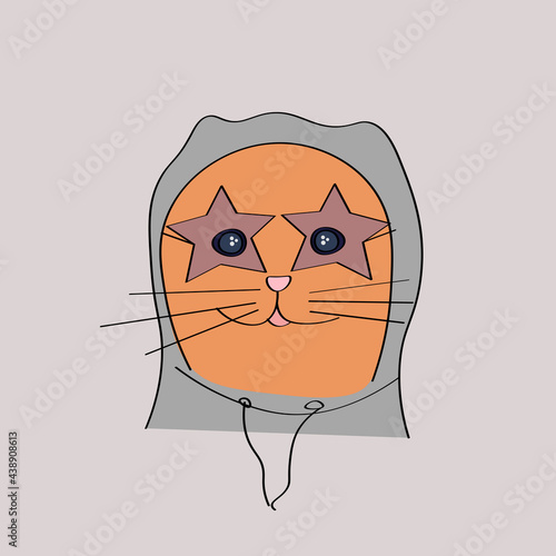 cute cool red cat in the hood and star sunglasses, funny illustration, line style 