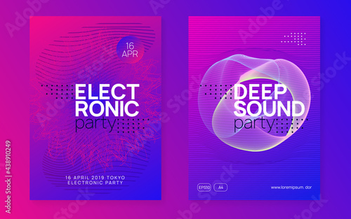 Neon edm flyer. Electro trance music. Techno dj party. Electronic sound event. Club dance poster.