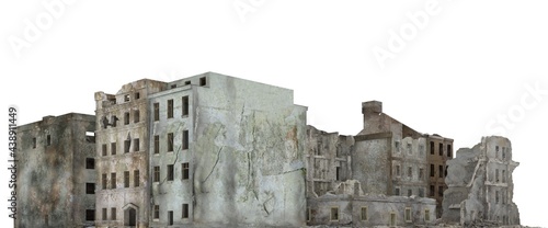 Ruined city building isolated on white 3d illustration