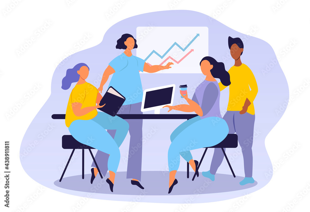 vector hand drawn illustration on the theme of office, teamwork. women and a man are discussing the development strategy of the company. trend illustration in flat style