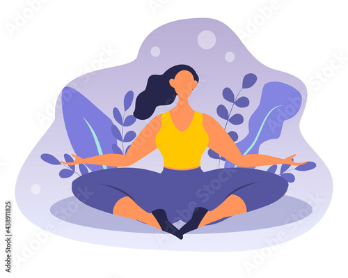 vector hand drawn illustration of a girl meditating in the lotus position. relaxation, yoga and rest. trending flat illustration for websites, magazines and apps © Viktoria