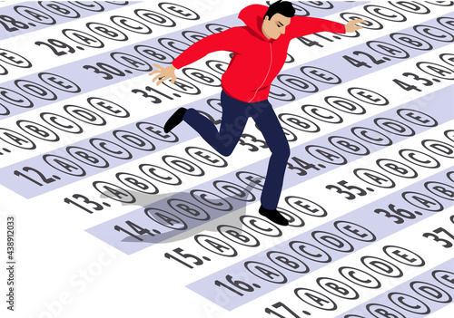 A teenager jumping over a multiple choice bubble answer sheet as a metaphor for a test anxiety, EPS 8 vector illustration