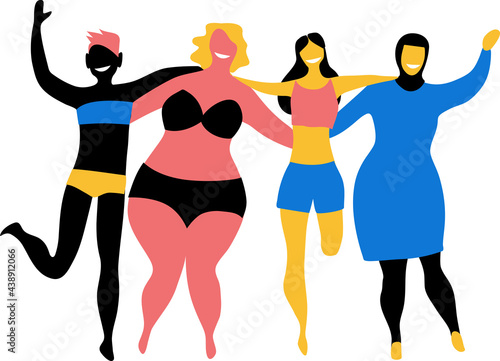 Four female friends in swimming suits representing inclusion and diversity, EPS 8 vector illustration