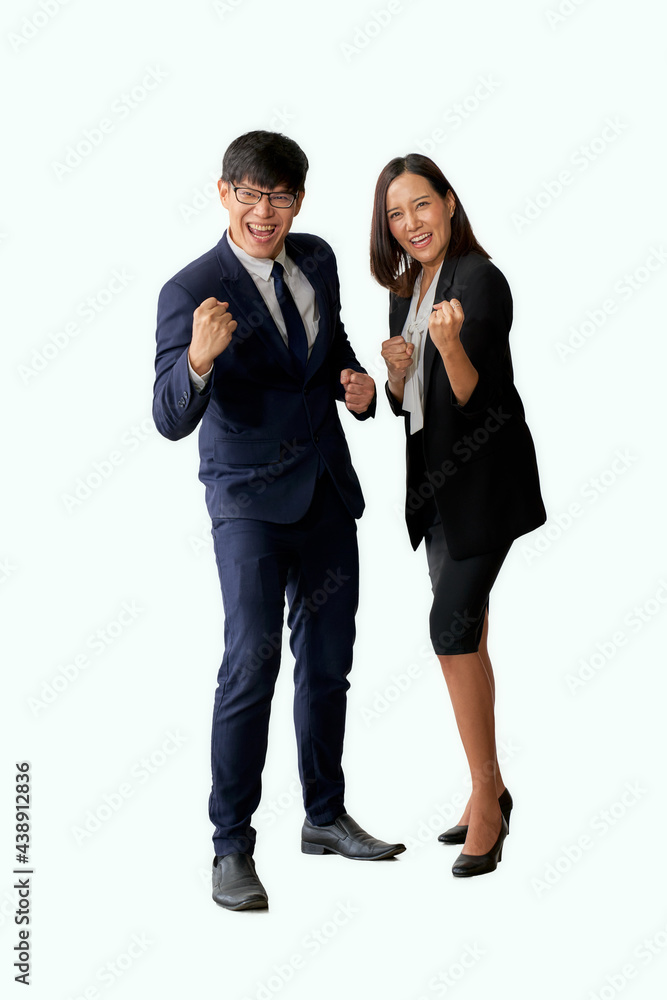 Portrait of smart Businessman and woman cheer up action in formal suit with white isolate background and selective path for montage on your product Portrait of smart Businessman and woman cheer up action in formal suit with white isolate background and selective path for montage on your product