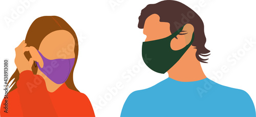 Pareja. Mujer y hombre hablando con el barbijo. Nueva Normalidad, fondos transparentes