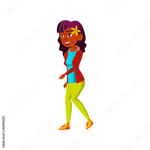 happy african girl walking on seashore alone cartoon vector. happy african girl walking on seashore alone character. isolated flat cartoon illustration